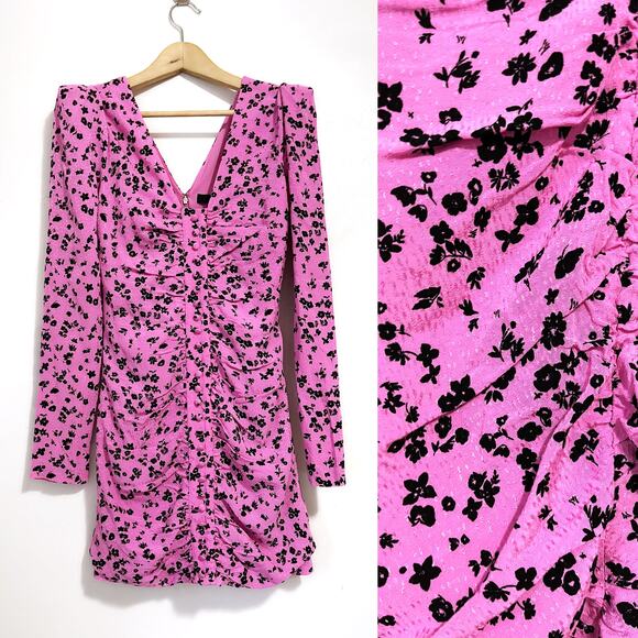 ROTATE NWT Fine Jacquard Floral Ruched Mini Dress in Pink Size 6 - Picture 6 of 16